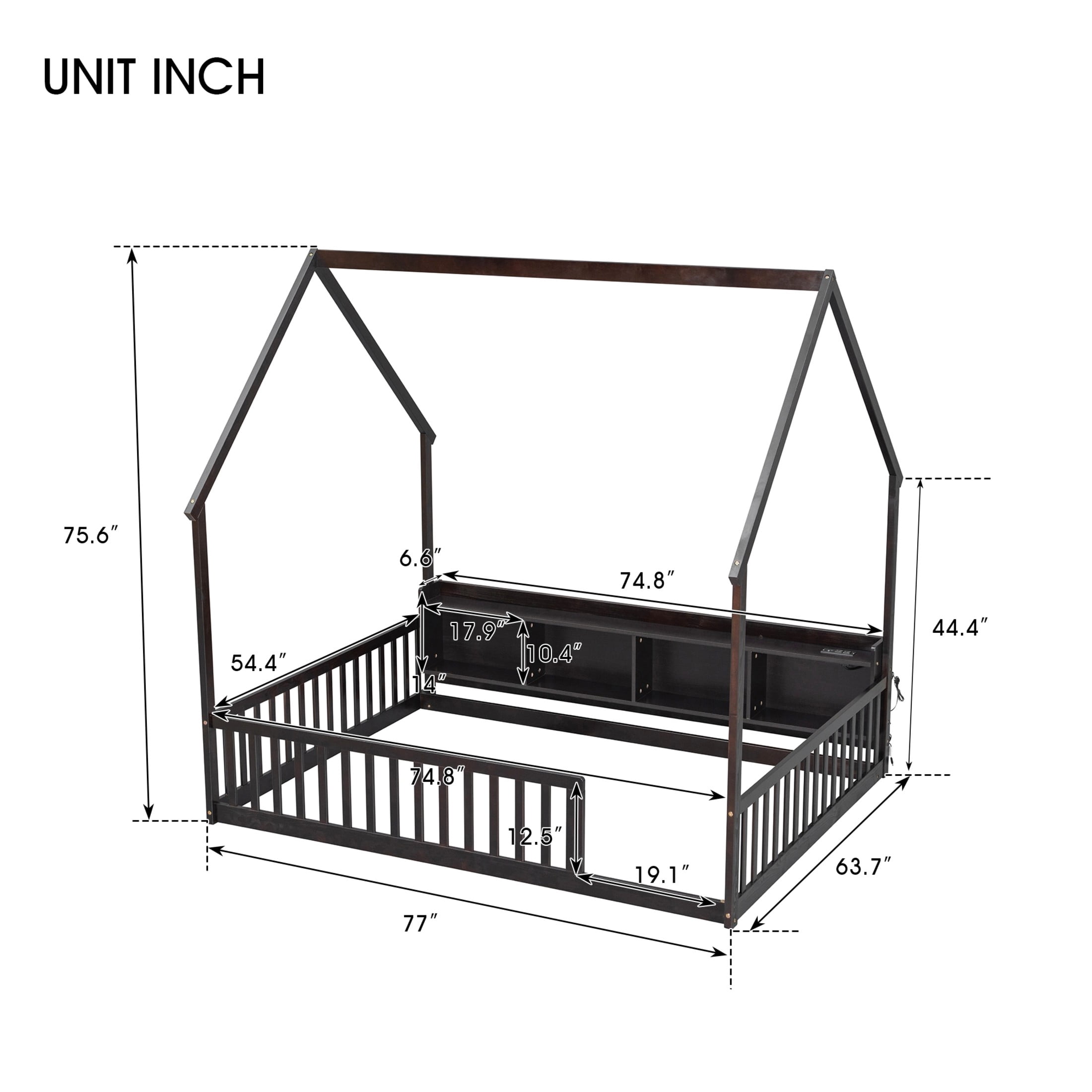 Noble House Norra Full Size Pine Wooden House Floor Bed with Storage Shelves, LED Lights & Charging Station, Espresso