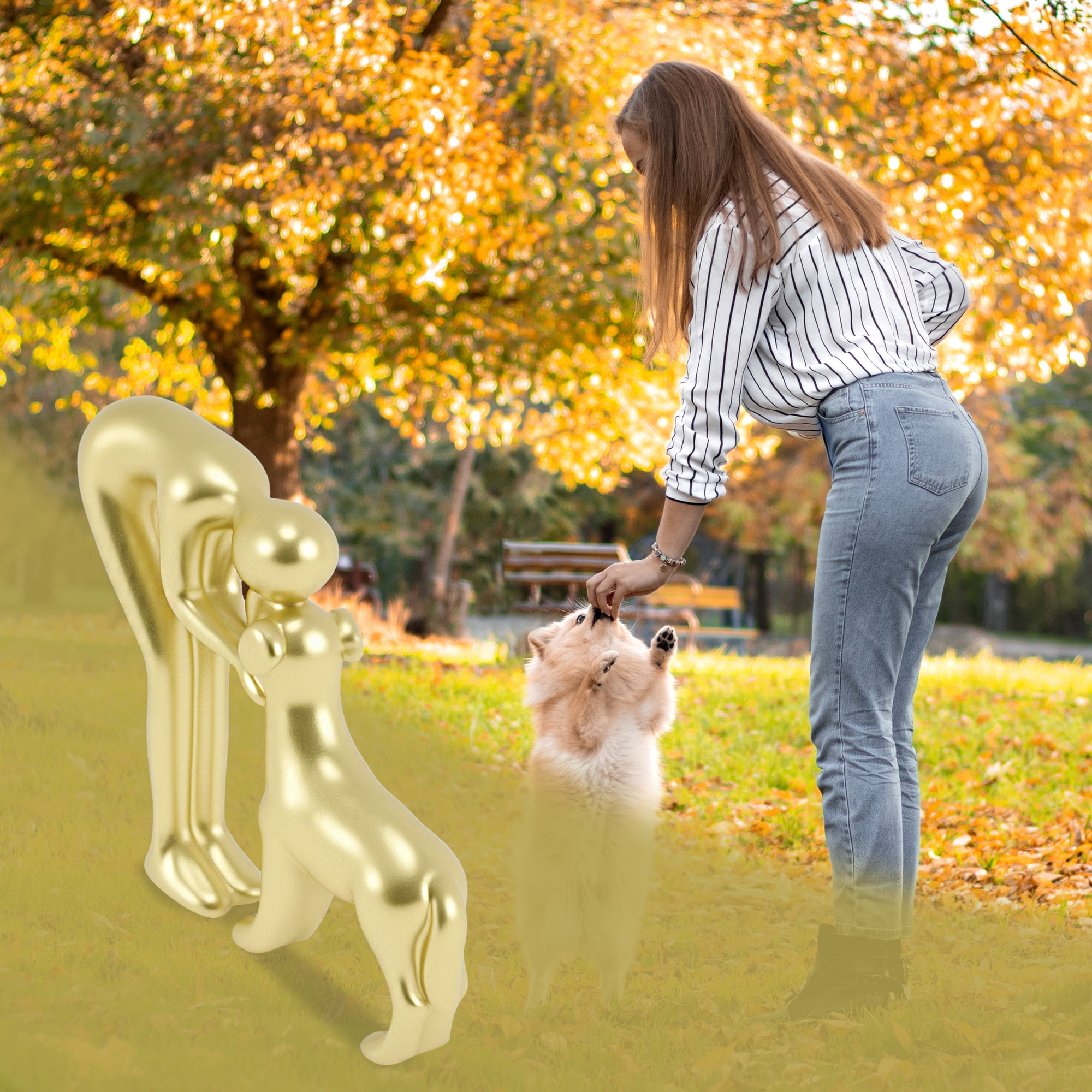Unique Bargains Dog Statue Decor for Office Living Room Home Gold Tone