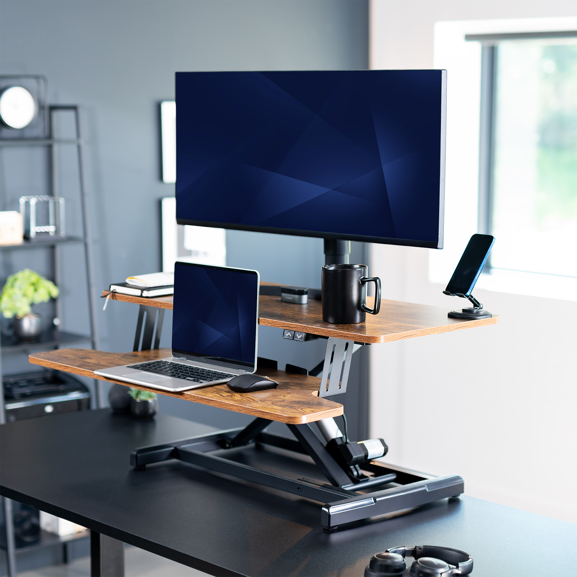 VIVO Vintage Brown Electric 36" Standing Desk Monitor Riser, Sit Stand Tabletop