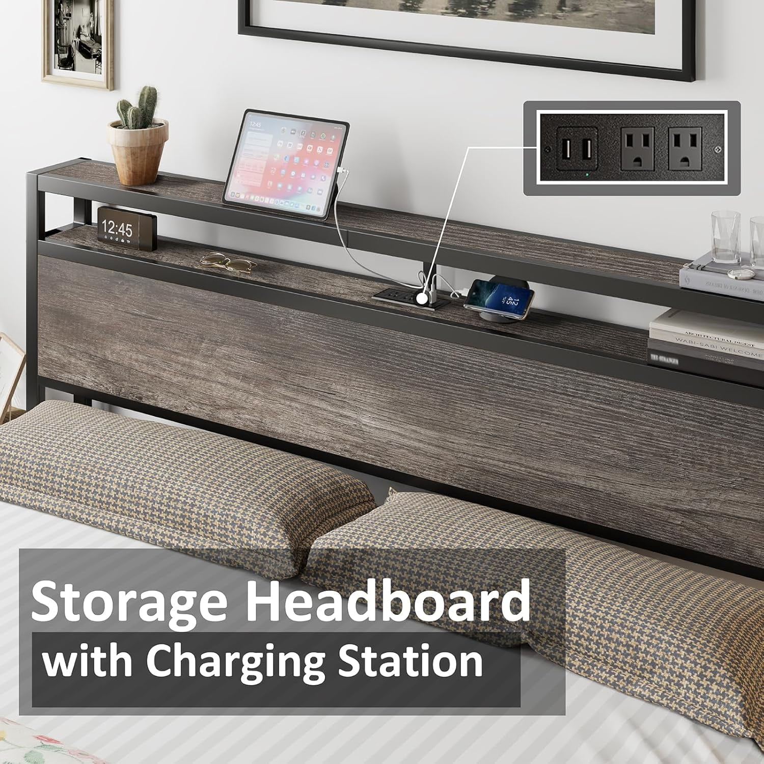 Merluxy King Size Bed Frame Industrial Platform Bed with Charging Station, 2-Tier Storage Headboard/ No Box Spring Needed/ Noise-Free/ Rustic Gray
