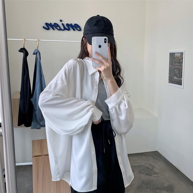 Primavera Verano 2021, camisa de mujer, blusas elegantes de gran tamaño para mujer, camisa blanca de manga acampanada, abrigo de camisa de longitud media, túnica para mujer Tan Jianjun unisex
