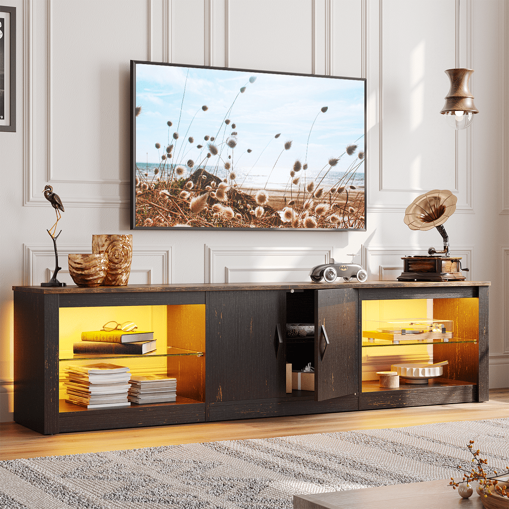 Bestier TV Stand for TVs up to 75" with Storage Cabinet, Entertainment Center for TVs with LED Light for Living Room, Black Gold