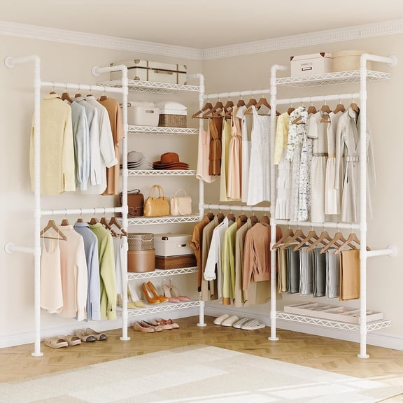 Themis L4 Wall Mounted Heavy Duty Corner Industrial Pipe Clothing Rack | Closet Organizer and Storage System with 6 Hanging Clothes Rods ( 4 Expandable) & 8 Shelves, Large Wardrobe - White