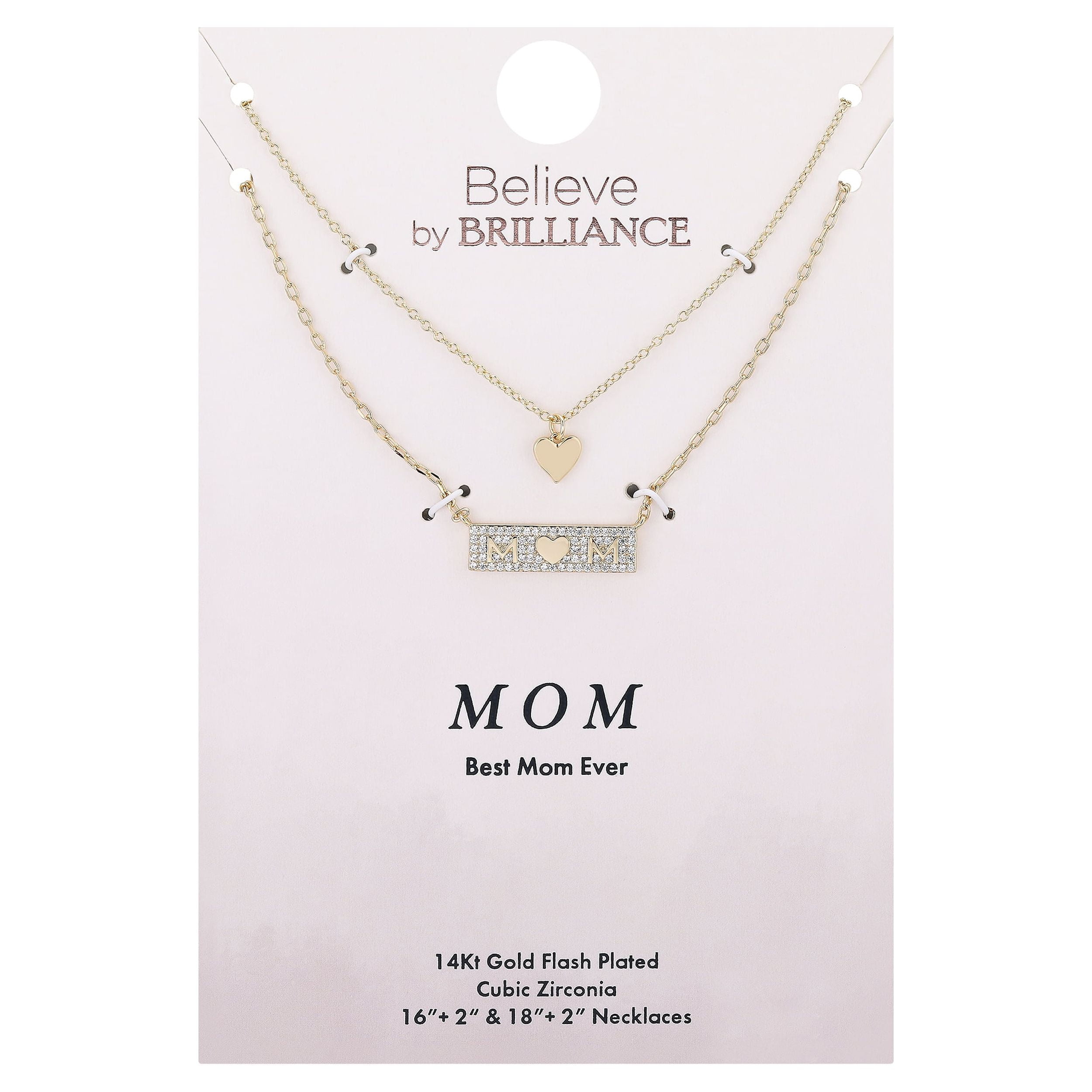 Believe by Brilliance Women's 14Kt Gold Flash Plated Cubic Zirconia Mom Layered Necklace, 16+2/18+2"