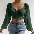 thumbnail image 2 of HAiming Blouse for Women Solid Color V Neck Drawstring Ruched Lantern Sleeve Crop Tops 2025 Trendy Fall Casual Shirts, 2 of 9