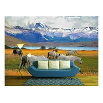 wall26 - Beautiful White and Gray Horses Grazing in a Meadow Near The Lake. on The Horizon, Towering Cliffs Torres Del Paine - Removable Wall Mural | Self-Adhesive Large Wallpaper - 100x144 inches