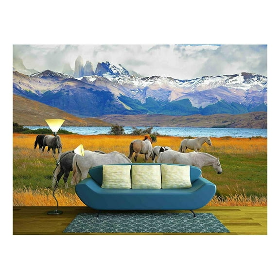 wall26 - Beautiful White and Gray Horses Grazing in a Meadow Near The Lake. on The Horizon, Towering Cliffs Torres Del Paine - Removable Wall Mural | Self-Adhesive Large Wallpaper - 100x144 inches