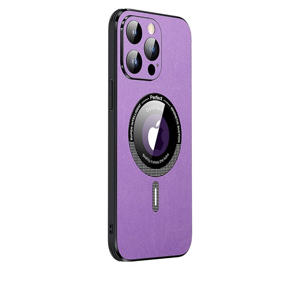 Magnetic Case for iPhone 14 Pro Max,Compatible with Magsafe Charging,Premium PU Leather Anti-Fingerprint Hollow Out Show Logo Slim Fit Phone Case with Tempered Glass Camera Lens Film,Purple