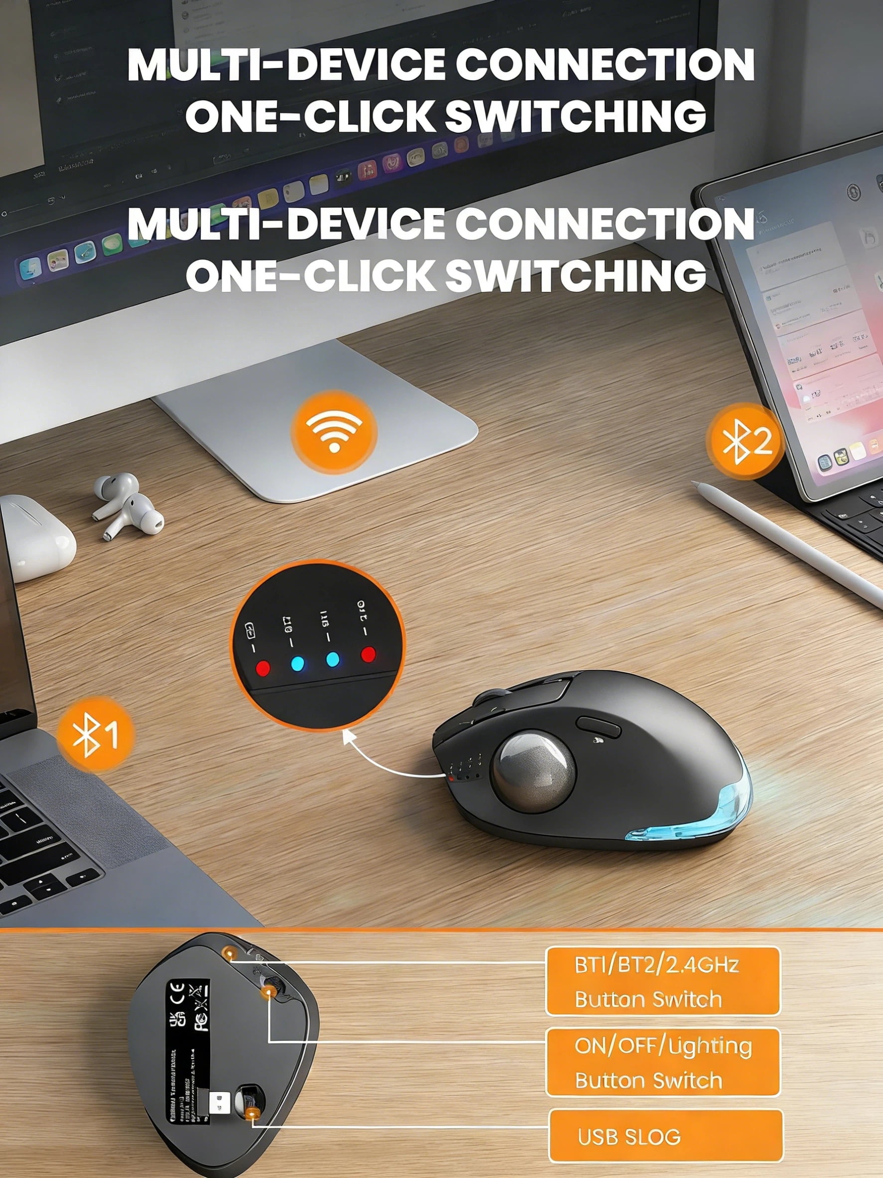Ergonomic Wireless Trackball Mouse, Adjustable Angle, Thumb Control, Quiet Click, Rechargeable, Multi-Device Bluetooth & USB, for Windows Mac-Black Ball
