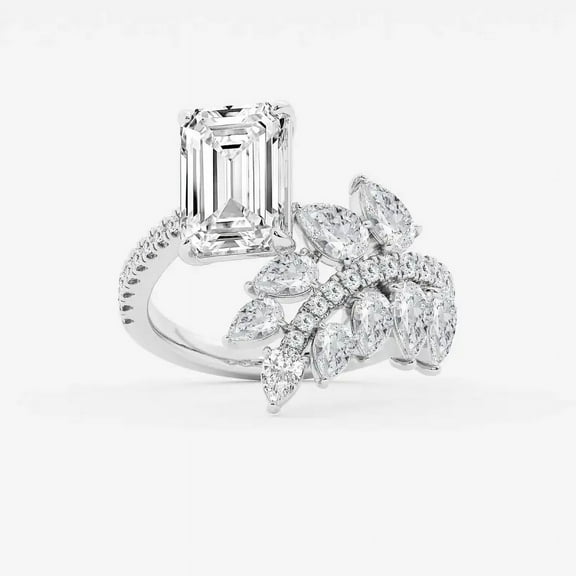 Cloud Jewel 1.8 Ct Emerald Cut Lab Created Diamond Ring for Women's - 14K White Gold Over Ring - Wedding Anniversary Bypass Leafing Ring - Daily Wear Diamond Ring - Christmas Special Gift for Her
