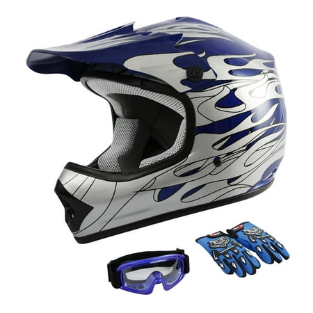 TCMT DOT Motorcycle Helmet for Kids Blue Flame with Goggles & Gloves for Atv Mx Motocross Offroad Street Dirt Bike Youth L Size