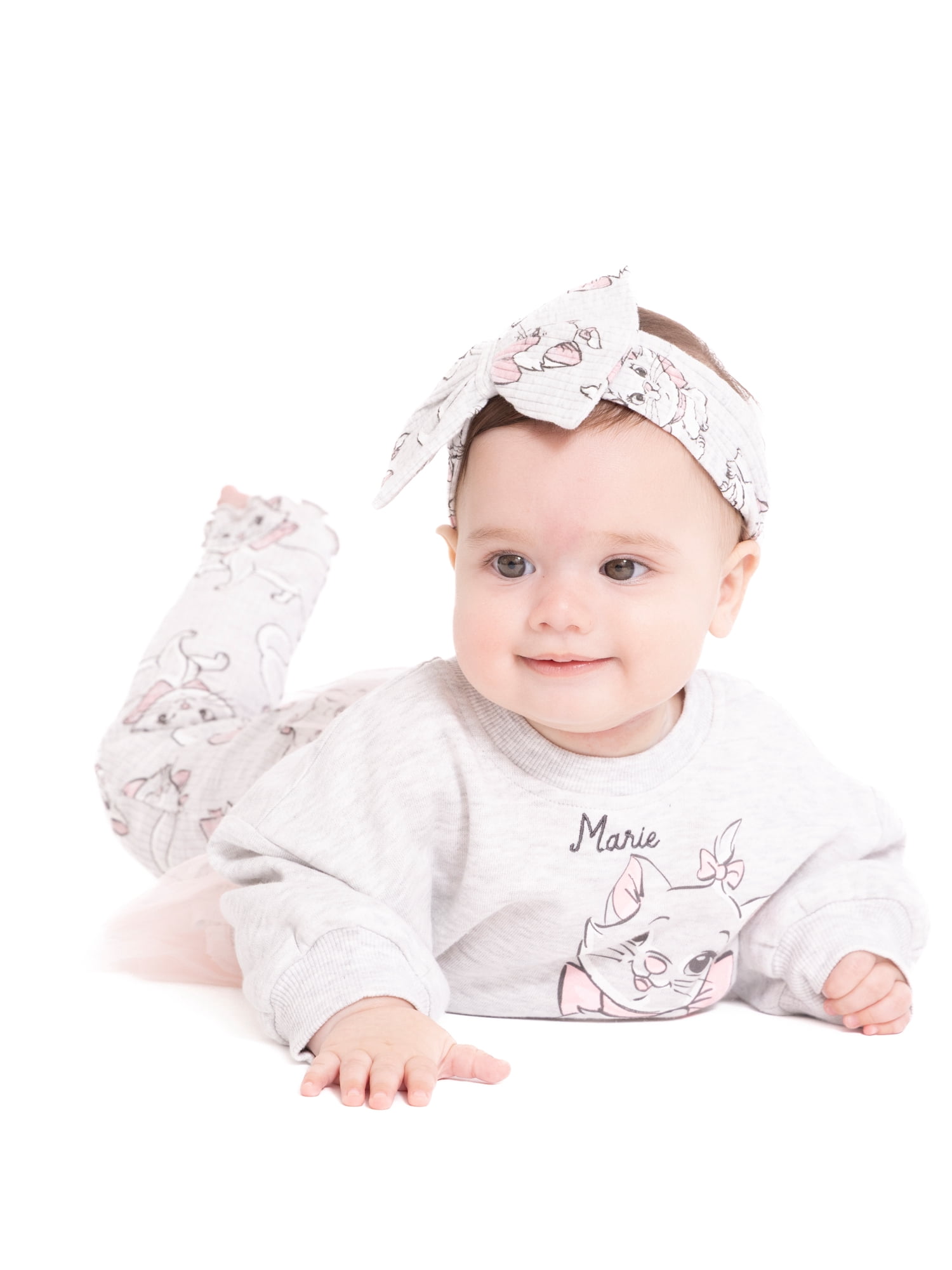 The Aristocats Marie Baby Girls Graphic Tulle Sweatshirt and Printed Leggings with Bow Headband Set, 3-Piece, Sizes 0/3M-24M
