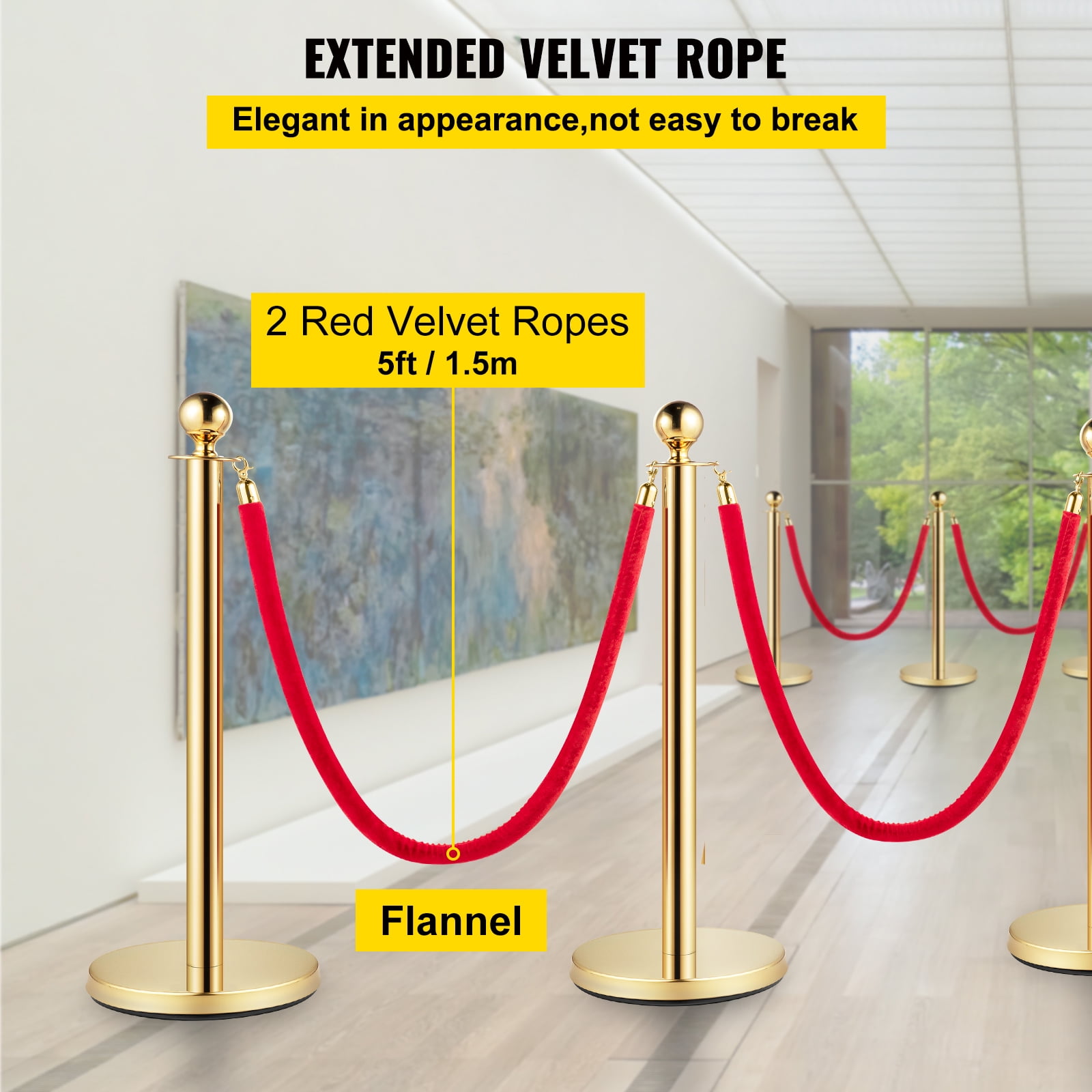 SKYSHALO 4Pcs Stainless Steel Stanchion Posts 2 Red Velvet Ropes Gold 38In Crowd Control Barrier with 5FT Rope for Theaters, Party, Wedding, Exhibition, Ticket Offices, Crowd Control