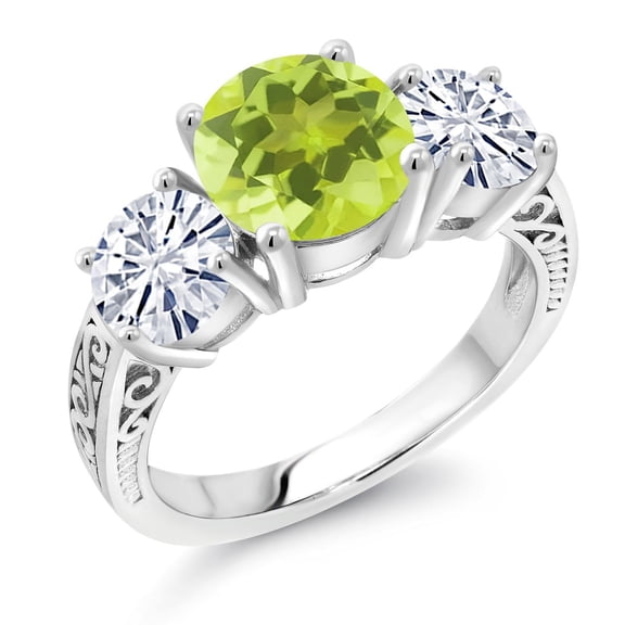 Gem Stone King 925 Sterling Silver Yellow Lemon Quartz and White Moissanite Engagement Ring for Women | 3.45 Cttw | Round 8MM | Gemstone Birthstone | Size 9