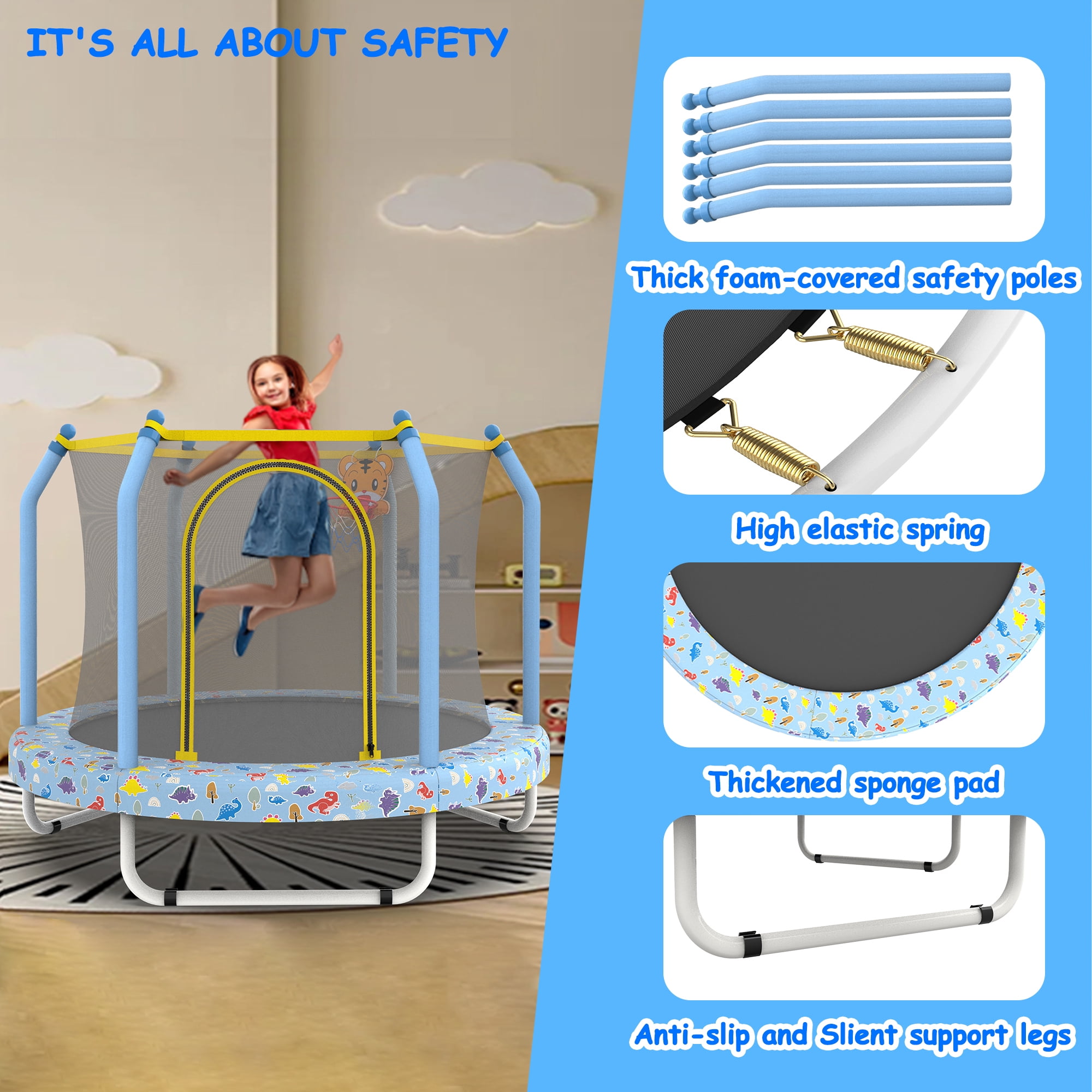 ZIVACATE 55 Inch Outdoor Toddler Trampoline with Enclosure Net, Mini Round Trampoline for Kids with Basketball, Small Trampoline Gifts for Boy and Girls,Blue