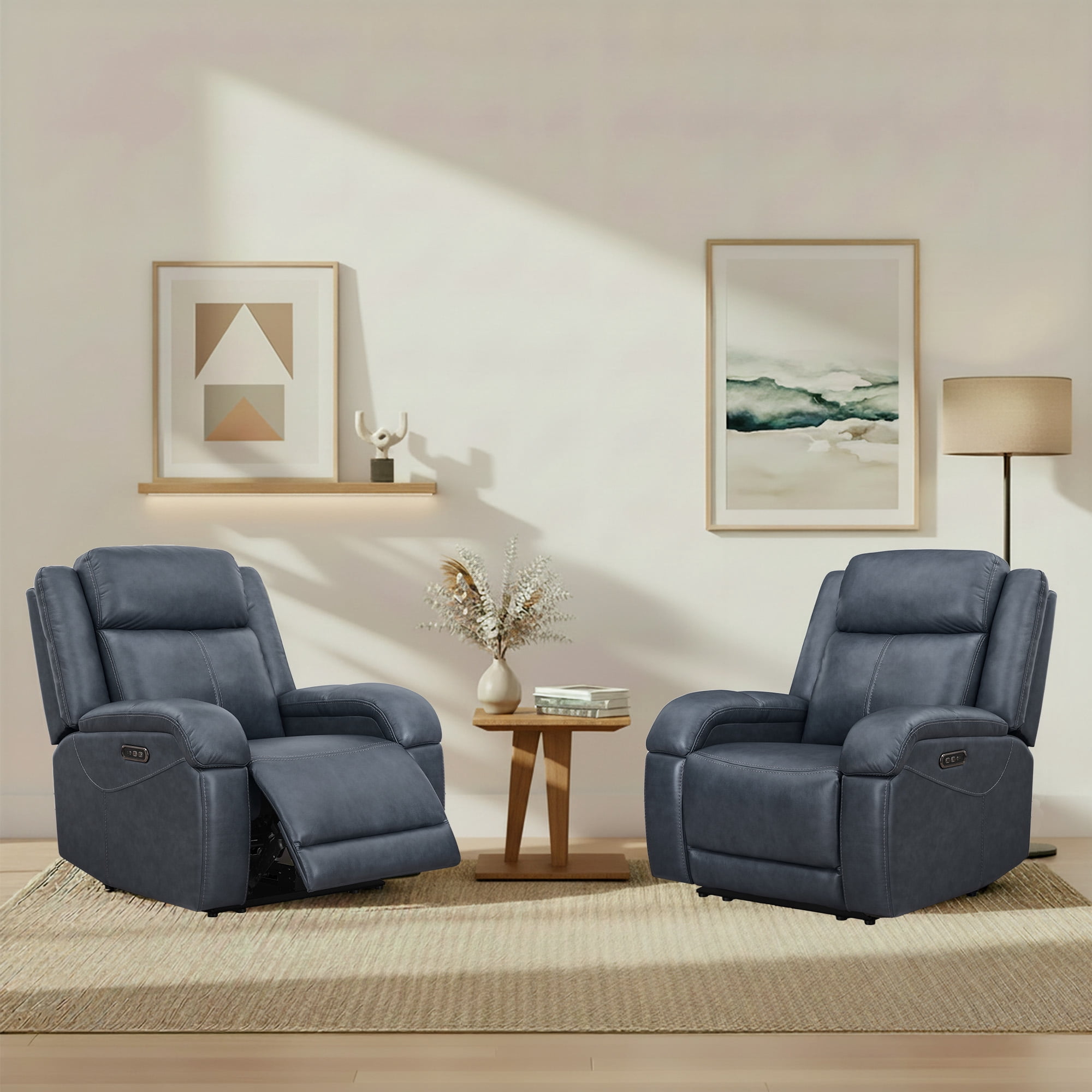 Spruce & Spring Genuine Leather Wall Hugger Power Recliner with Dual Motors, Navy-Medium