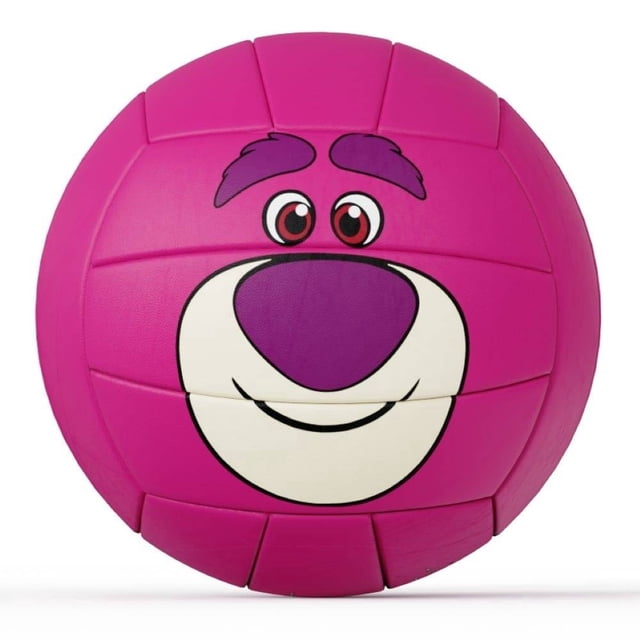balón de voleibol toy story lotso número 5 rosa con cara de Lotso, vista frontal centrada; cosido a máquina con paneles segmentados y textura antideslizante visible, superficie suave para juego infantil y educación física escolar, apto para interior y exterior, tamaño 5, también usado para iniciación y entrenamiento.