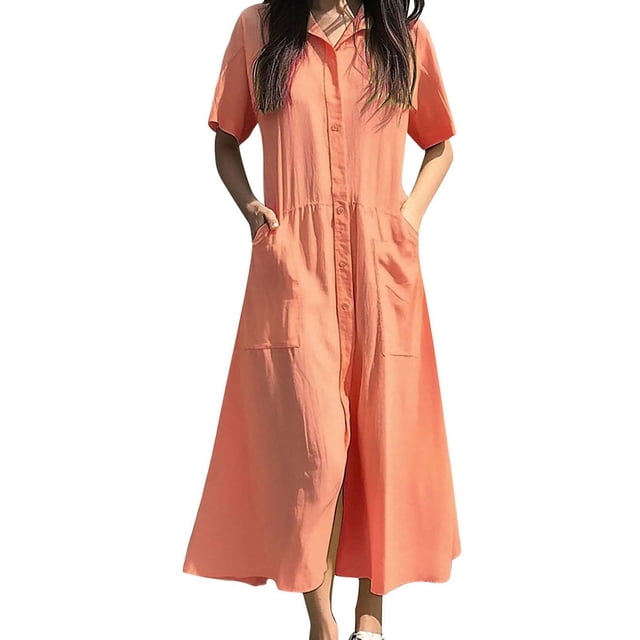 Robe Chemise Boutonnée pour Femmes Décontractée Grande Taille Lin Robe d'Enseignant avec Poche Ample Été Col Orange, 4TG