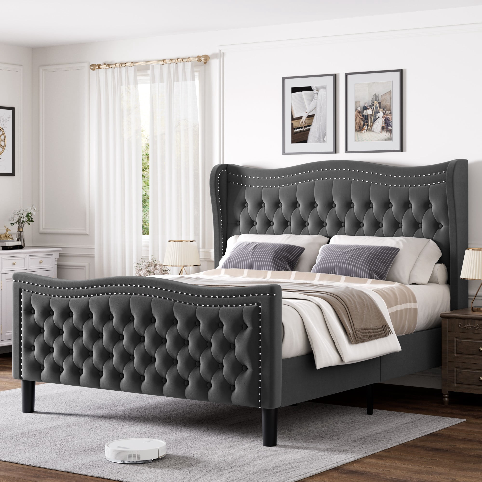 BSHTI Upholstered Queen Size Bed Frame – Diamond Tufted Wingback Headboard, No Box Spring Needed（Grey）