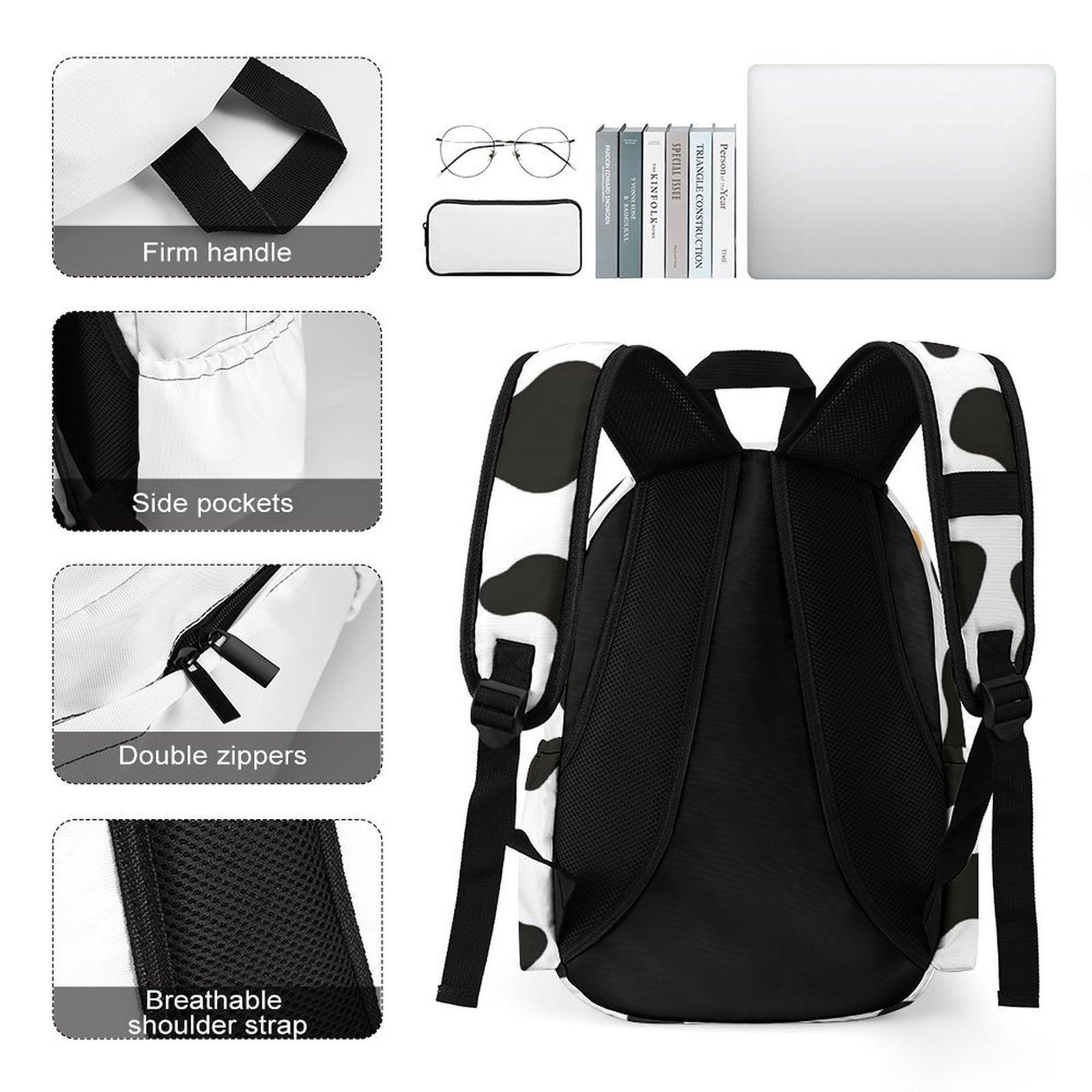Large Capacity Half Print Backpack 11.8×16.5×5.9in Multifunctional Zipper Design Convenient Switch Simple Cow Print Pattern, Vector Art Style_2