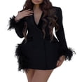 thumbnail image 3 of AMERTEER Femmes Luxe Blazer Robe Sexy V Cou à Manches Longues Plume Fendue Mini Robe Élégante Veste Décontractée Cocktail Party Rose Rouge M, 3 of 7