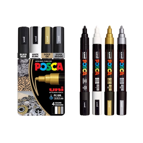 uni POSCA PC-5M Water-Based Paint Markers, Medium Reversible Tip, 1.8–2.5 mm, Assorted Colors, 4 Count