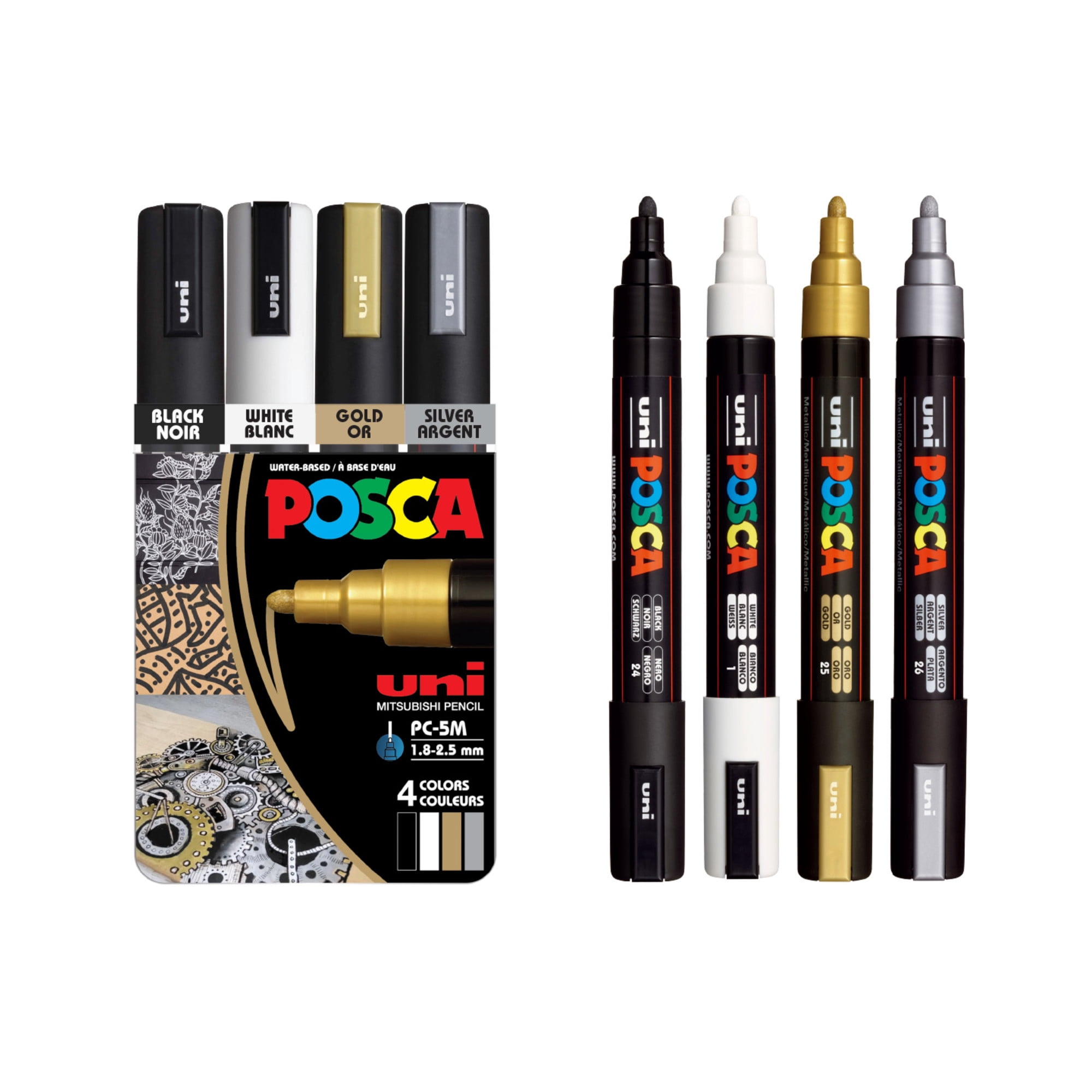uni POSCA PC-5M Water-Based Paint Markers, Medium Reversible Tip, 1.8–2.5 mm, Assorted Colors, 4 Count