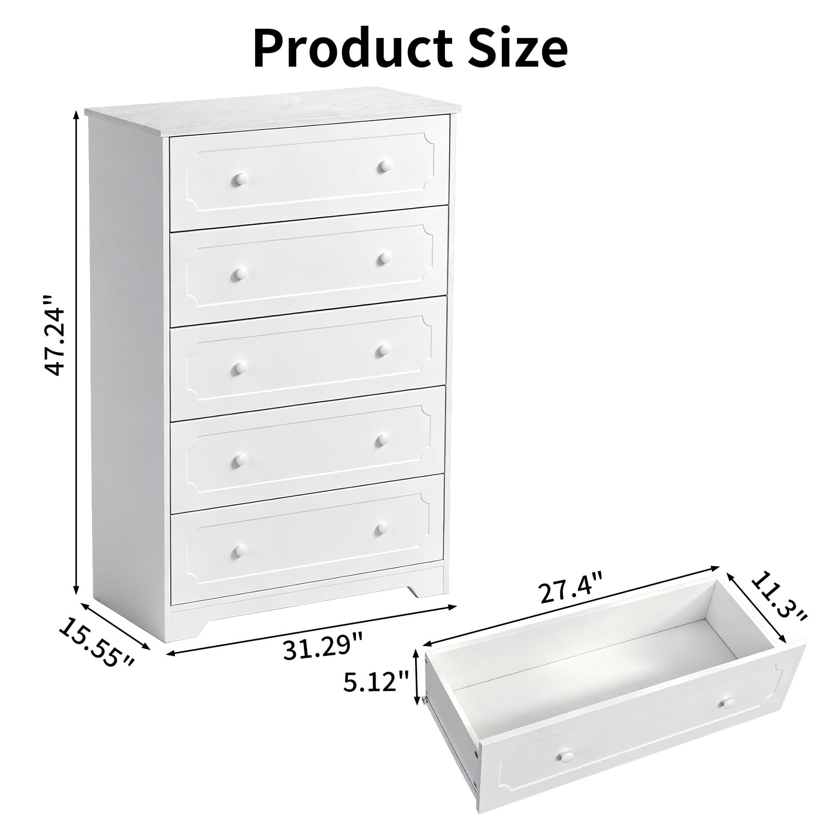 5-Drawer Cabinet with Solid Wood Veneer, White, 31.3 x 15.55 x 47.24 in