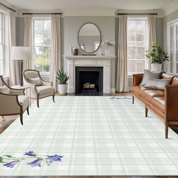 Large Area Rugs for Living Room Bedroom, Blue Spring Floral 8'x10' Rug Washable Carpet Runner Indoor Outdoor, Watercolor Teal Plaid Summer Botanical Non Slip Floor Mats Rug for Kitchen, Patio