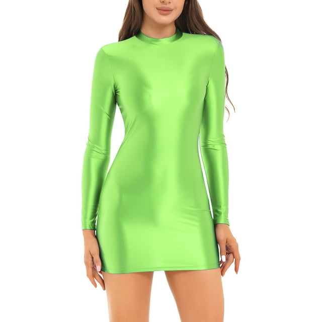 RUNQHUI Robe Moulante à Manches Longues Brillante pour Femmes Col Montant Lisse Extensible Mini Robes Fluorescent_vert m
