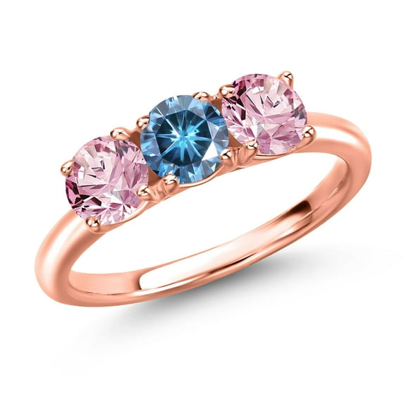 Gem Stone King 18K Rose Gold Plated Silver Persian Blue Moissanite and Pink Lab Grown Diamond Engagement Ring for Women | 1.50 Cttw | Round 5MM | Gemstone Birthstone | Size 8