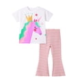 thumbnail image 2 of Bellafa Kids Toddler Girls Clothes 2-7 Years Outfits Unicorn Graphic Top + Pink Stripes Flare Leg Pants 2PC Summer Clothing Set, 2 of 10