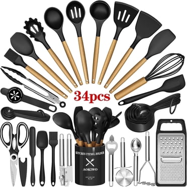 Kitchen Utensil Set, AOKIWO 34Pieces Silicone Cooking Utensil Set with Wooden Handle, Heat Resistant Spatula Set Gadgets Tools Cookware, Black