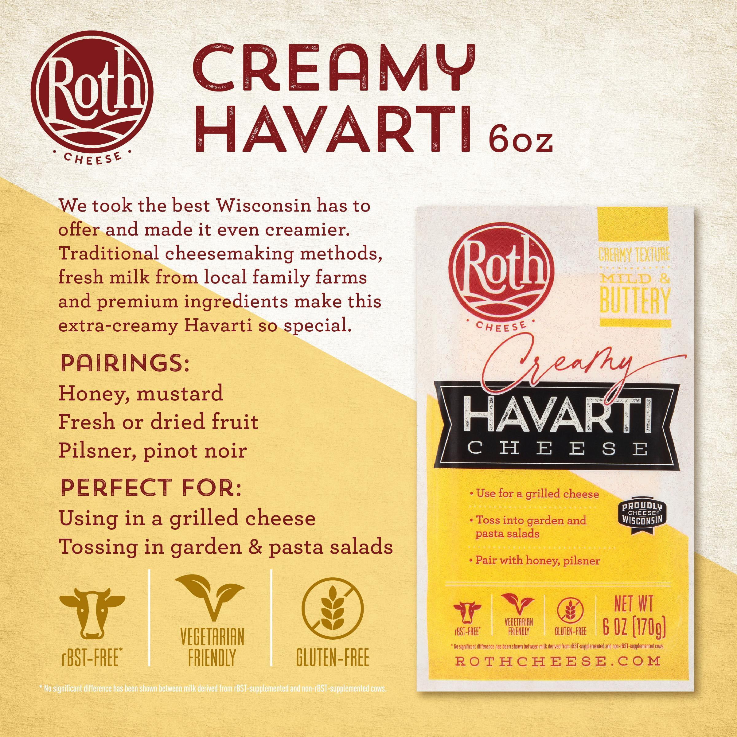 Roth Gluten Free Block Creamy Havarti Cheese, 6 oz Fresh Plastic Wrapped