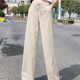 thumbnail image 1 of Pantalones de cordón sólido minimalista, pantalones de pierna ancha de cintura elástica de longitud larga casual, ropa de mujer, 1 of 4