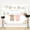 thumbnail image 3 of He or She Gender Reveal Backdrop Photography Boy or Girl What Will Baby Be Cartoon Cute Pink Brown Moon Stars Background Baby Shower Party Decorations Banner Photo Booth Props Supplies, 3 of 4