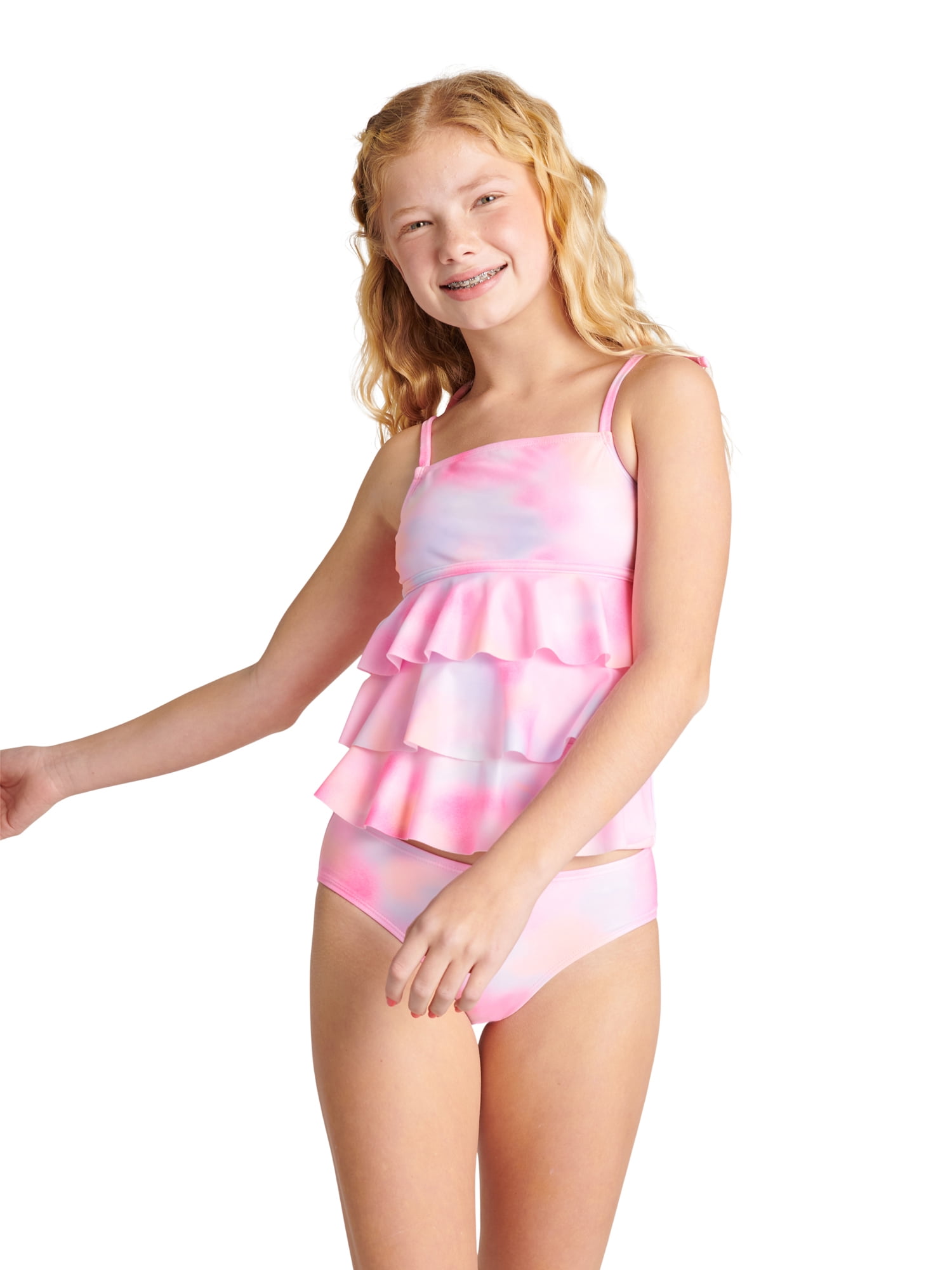 NWT Justice Girls Navy Foil Dot Scalloped Tiered Tankini Two Piece Swimsuit