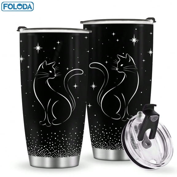 Foloda 1pc Black Cat Tumbler Birthday Gift, Black Cat Coffee Travel Mug, Awsome Cat Themed Gifts for Cat Lovers, 20oz Cute Black Cat Water Bottle, Black Cat Gifts for Women Stainless Steel Mug With L