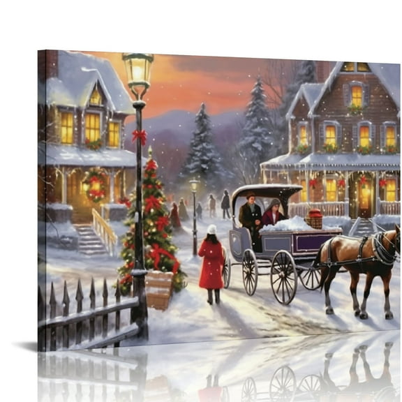 ONETECH Christmas Town and Snowman Artwork Print on Canvas, Christmas Theme Wall Art Decorations for Home Living Room Decor