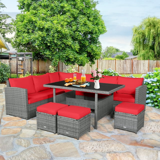 Patiojoy Ensemble de Mobilier de Patio en Osier 7 Pcs Ensemble de Canapé en Rotin d'Extérieur Ensemble de Causeuse de Conversation Rouge