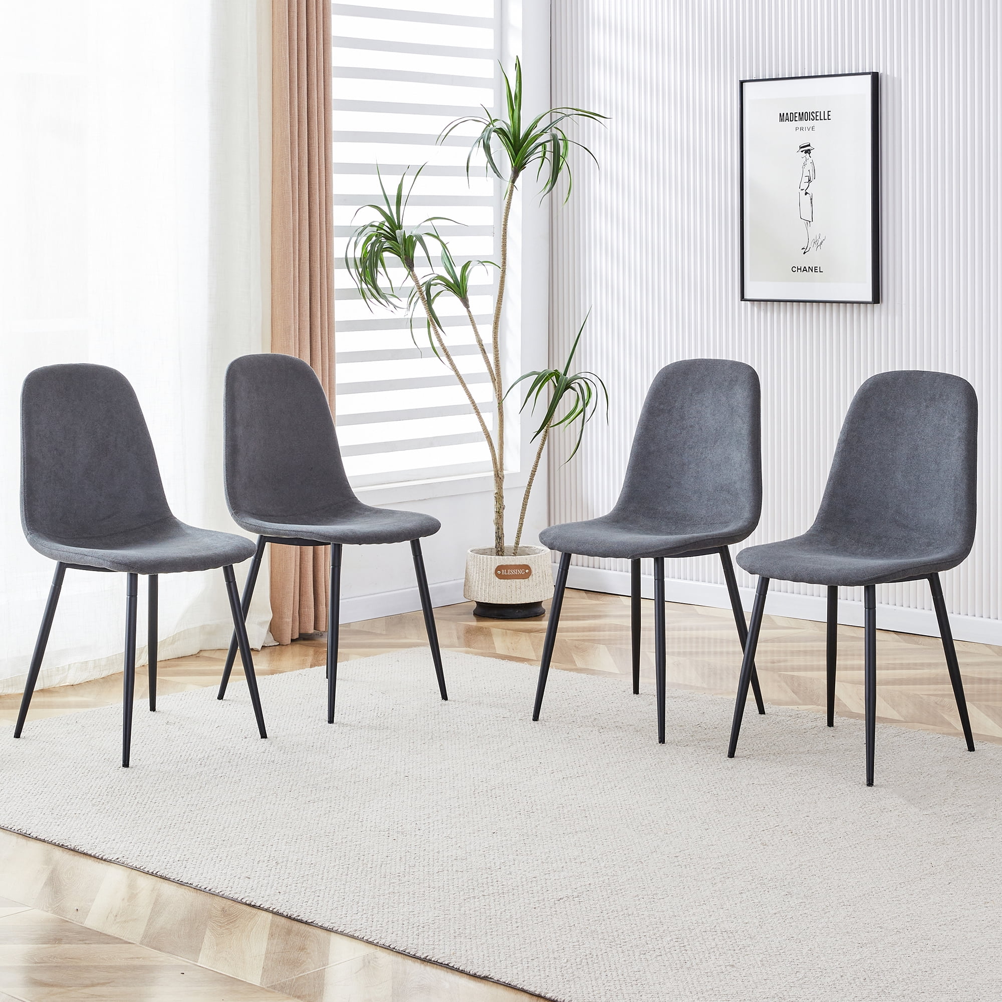 Noble House A set of 4 modern dining chairs, made of dark gray linen fabric