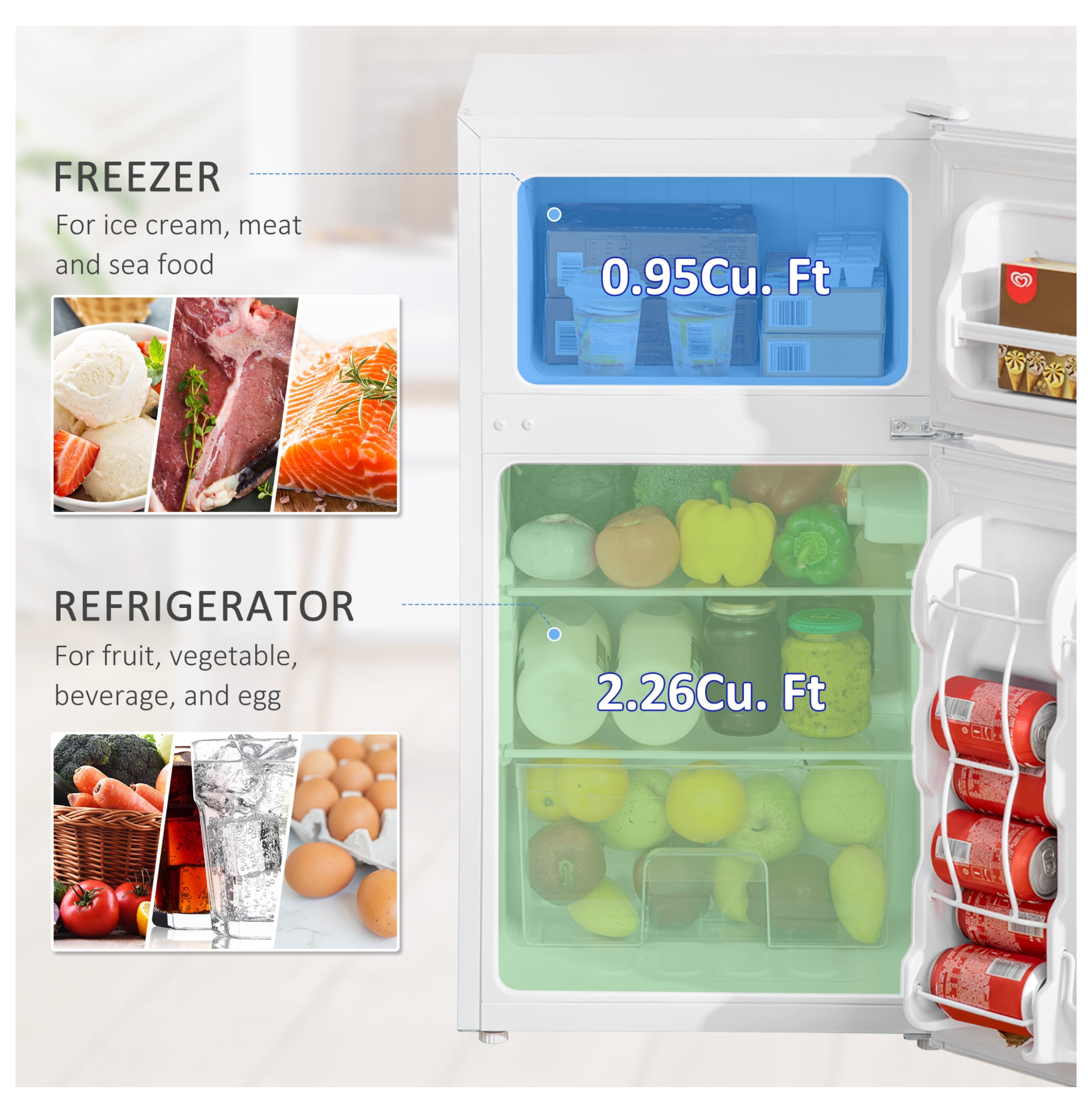Double Door Mini Fridge with Freezer, 3.2 Cu.Ft Compact Refrigerator with Adjustable Shelf, Adjustable Thermostat and Reversible Door for Bedroom, Dorm, Home Office, White