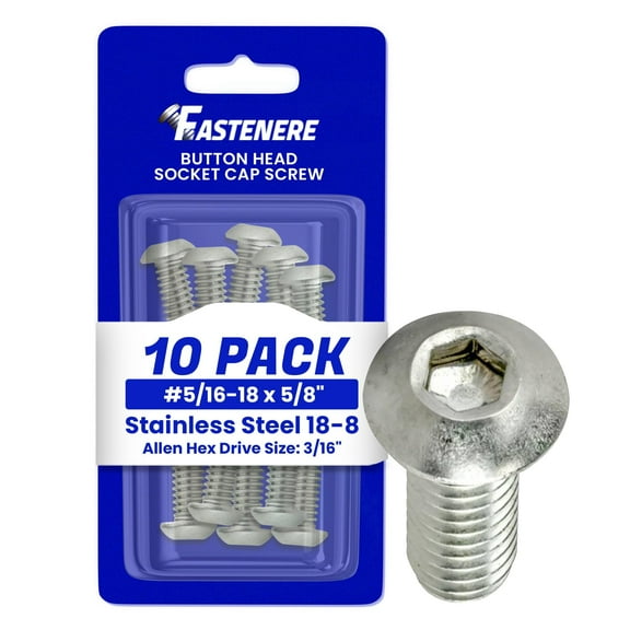 Fastenere Button Head Socket Cap Screws - 5/16-18 x 5/8" (10 Pack) Stainless Steel 18-8, Full Thread, Bright Plain Finish, Corrosion-Resistant, Machine Thread, Easy to Install w/ Allen Socket Drive