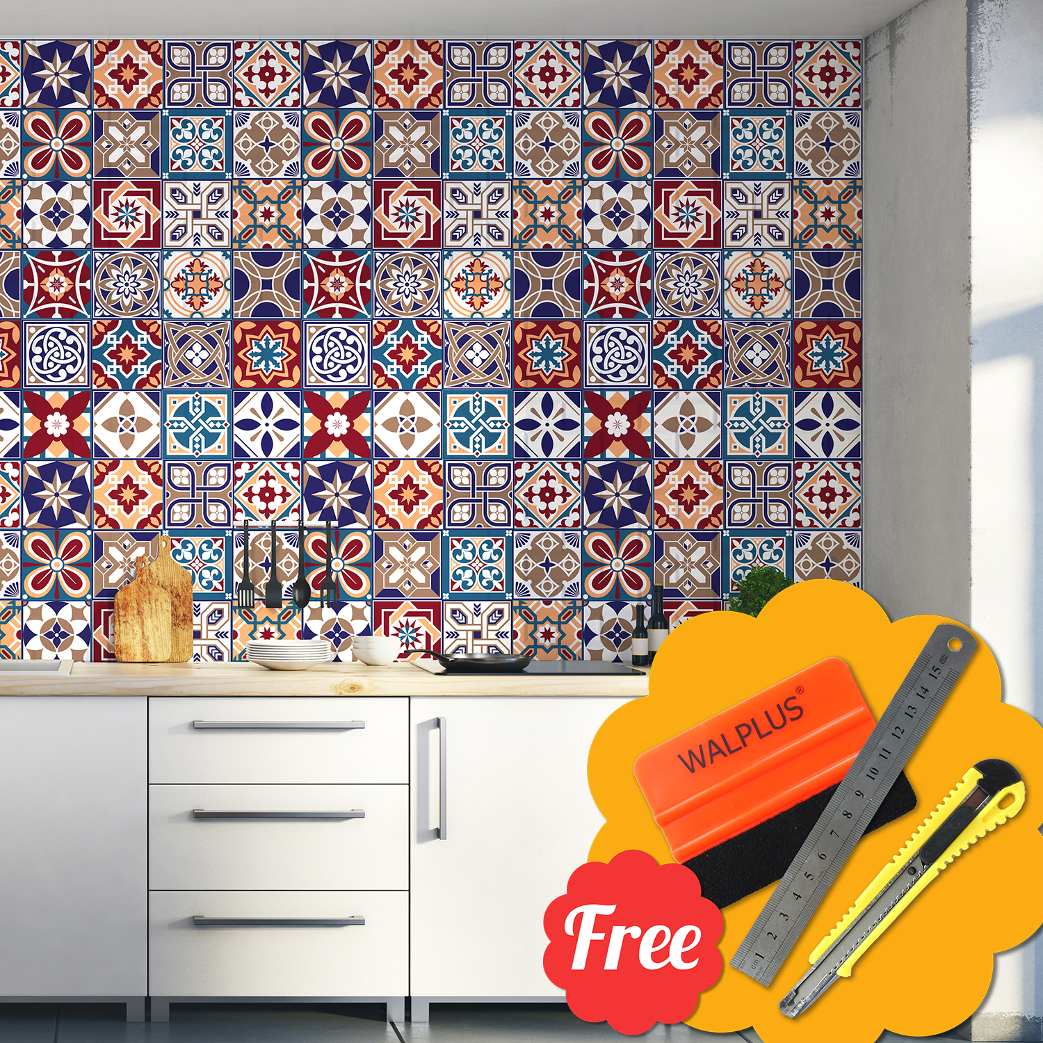 Walplus Peel and Stick Backsplash Mahogany Azulejo Mix Wall Tile Decals 48 Pcs 6" x 6"