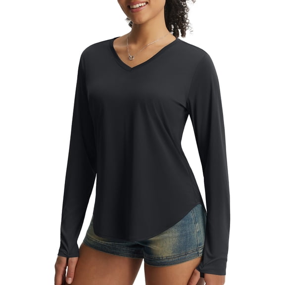 baleaf Women's Long Sleeve Sun Shirts UPF50 UV Protection Rash Guard Lightweight Quick Dry V Neck Workout Hiking Tops Black L