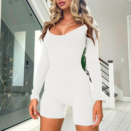 

Summer Tummy Control One Piece Sexy Solid Color Scoop Neck Long Sleeve Rompers Women s Tight Fitting Jumpsuit