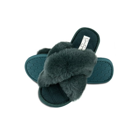 

Jessica Simpson Womens Plush Cross Band Plush Memory Foam Slide Slipper