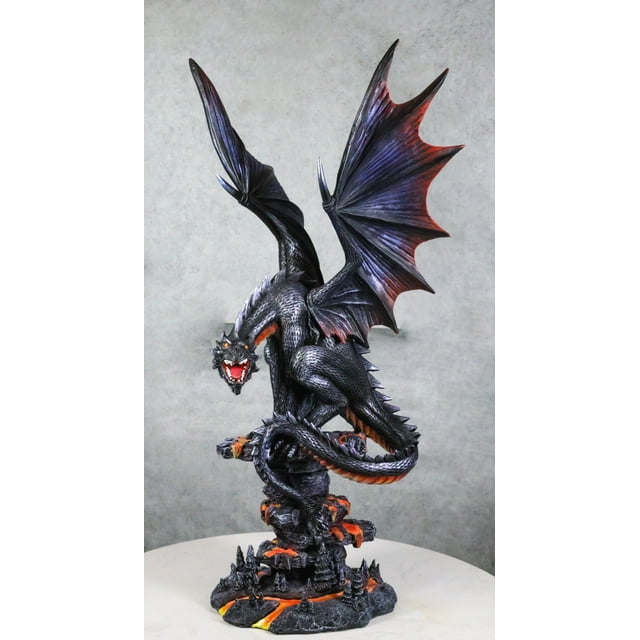 Fira Legendary Black Ember Dragon Perching On Volcanic Rocks with Lava Statue