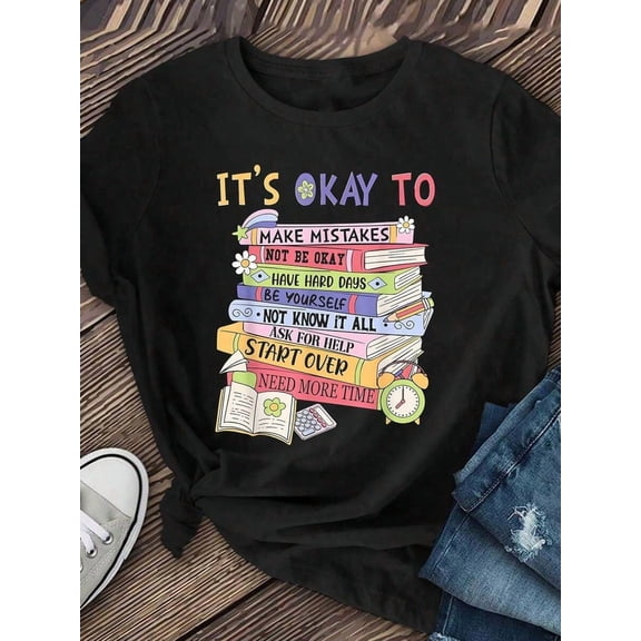Women's It's Okay To Make Mistakes Book Graphic T-Shirt, Inspirational Positive Quote Casual Short Sleeve Crew Neck Tee