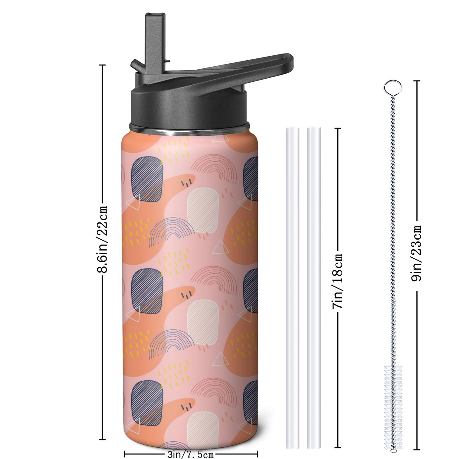 Modern 18 oz Insulated Stainless Steel Water Bottle with Straw & Cleaning Brush , Leakproof, BPA-Free, 304 Stainless Steel, Wide Mouth, Travel Mug for Car, Gym, Office